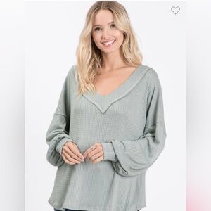BiBi Sage Waffle Knit V-Neck Top